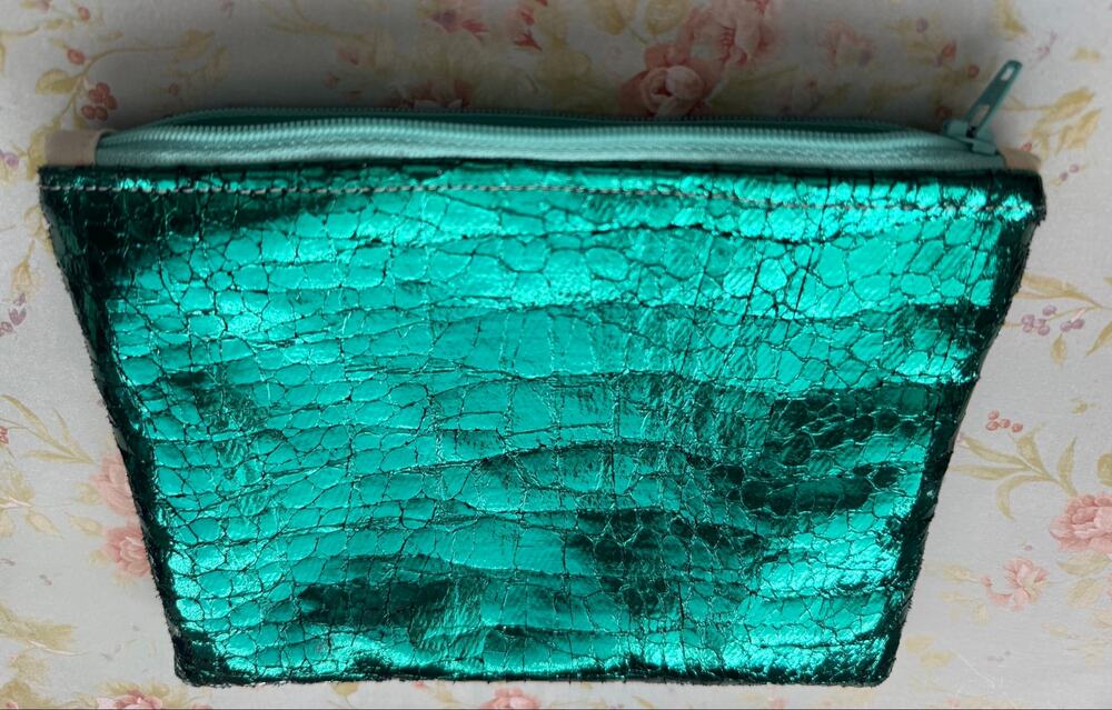 Handmade Metallic Teal Crackle Zip Clutch Pouch MakeUp Bag Aqua Turquoise 8”